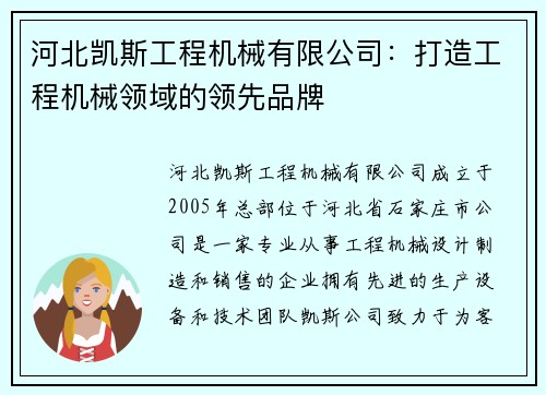 河北凯斯工程机械有限公司：打造工程机械领域的领先品牌